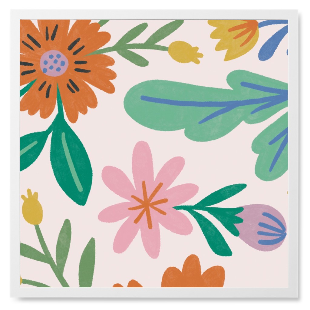 Happy Flowers - Multi on Pink Photo Tile, White, Framed, 8x8, Multicolor