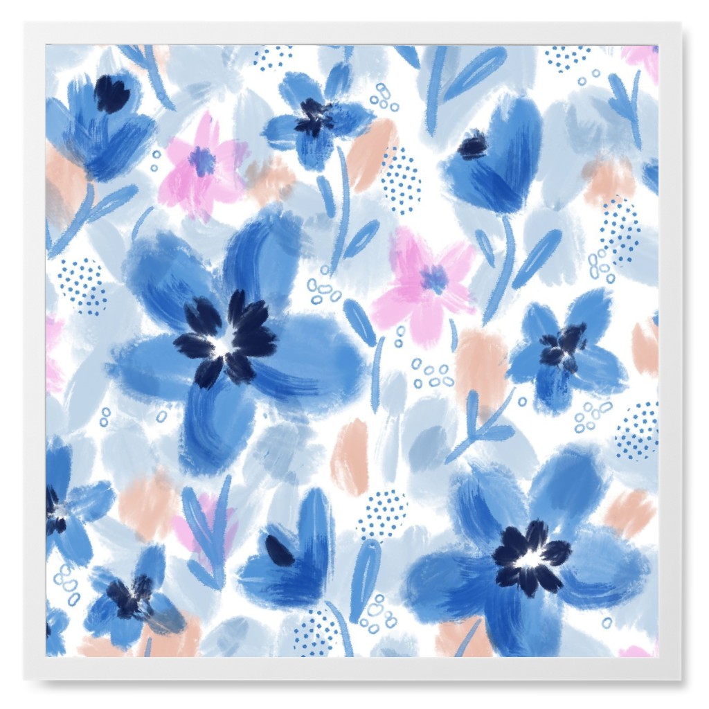 Painterly Floral - Blue Photo Tile, White, Framed, 8x8, Blue