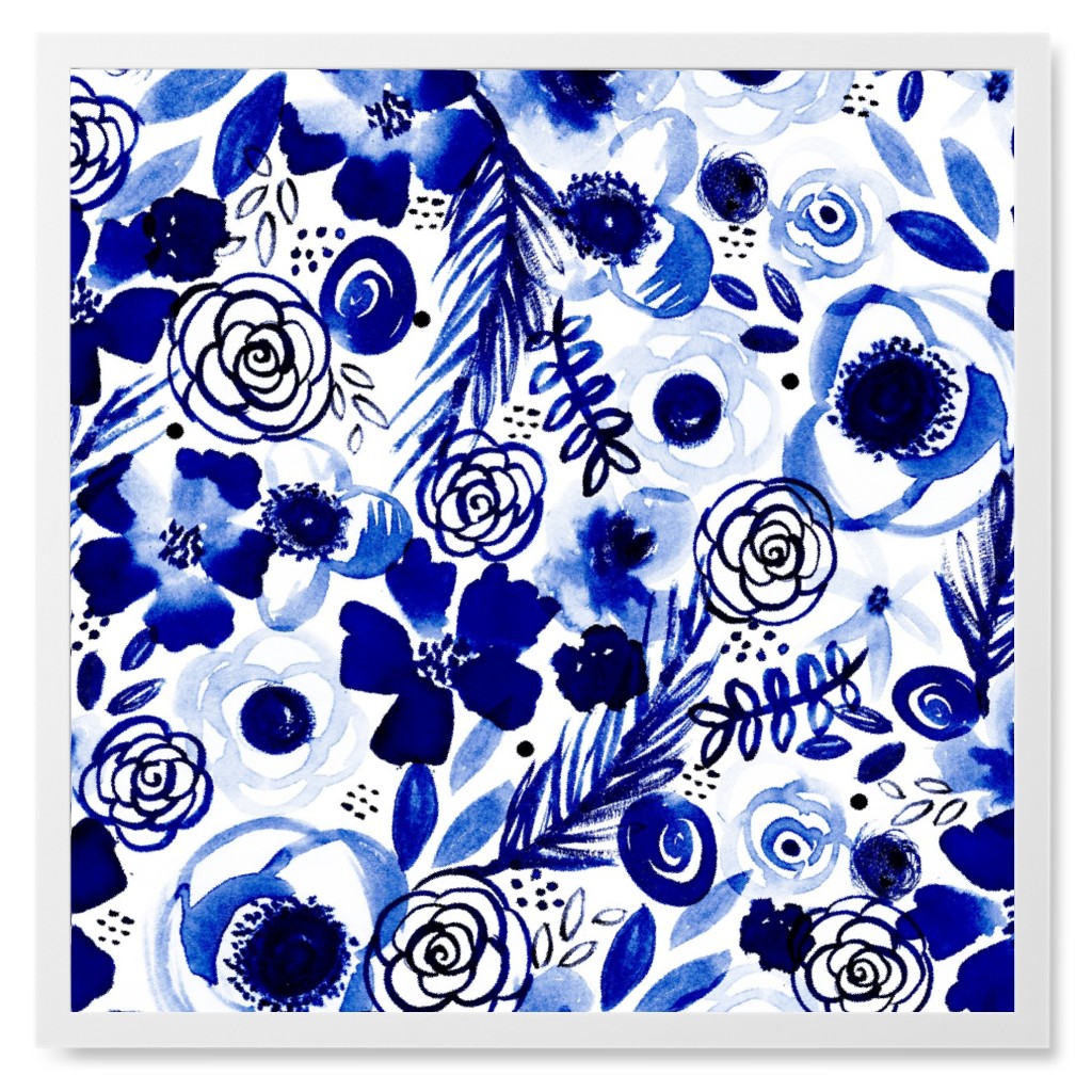 Bohemian Bouquet - Blue Photo Tile, White, Framed, 8x8, Blue