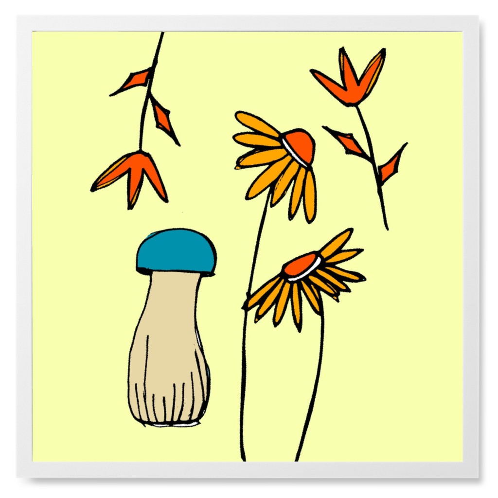 Mushroom & Floral - Multi on Yellow Photo Tile, White, Framed, 8x8, Yellow