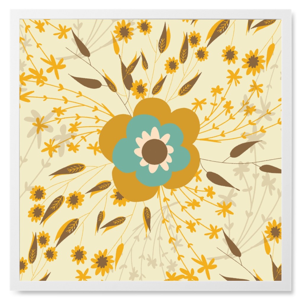 70s Flower Bouquet Photo Tile, White, Framed, 8x8, Yellow, Cream