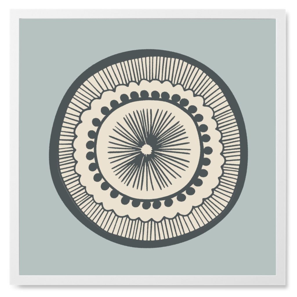 Woodcut Mandala Photo Tile, White, Framed, 8x8, Blue, Cool Gray