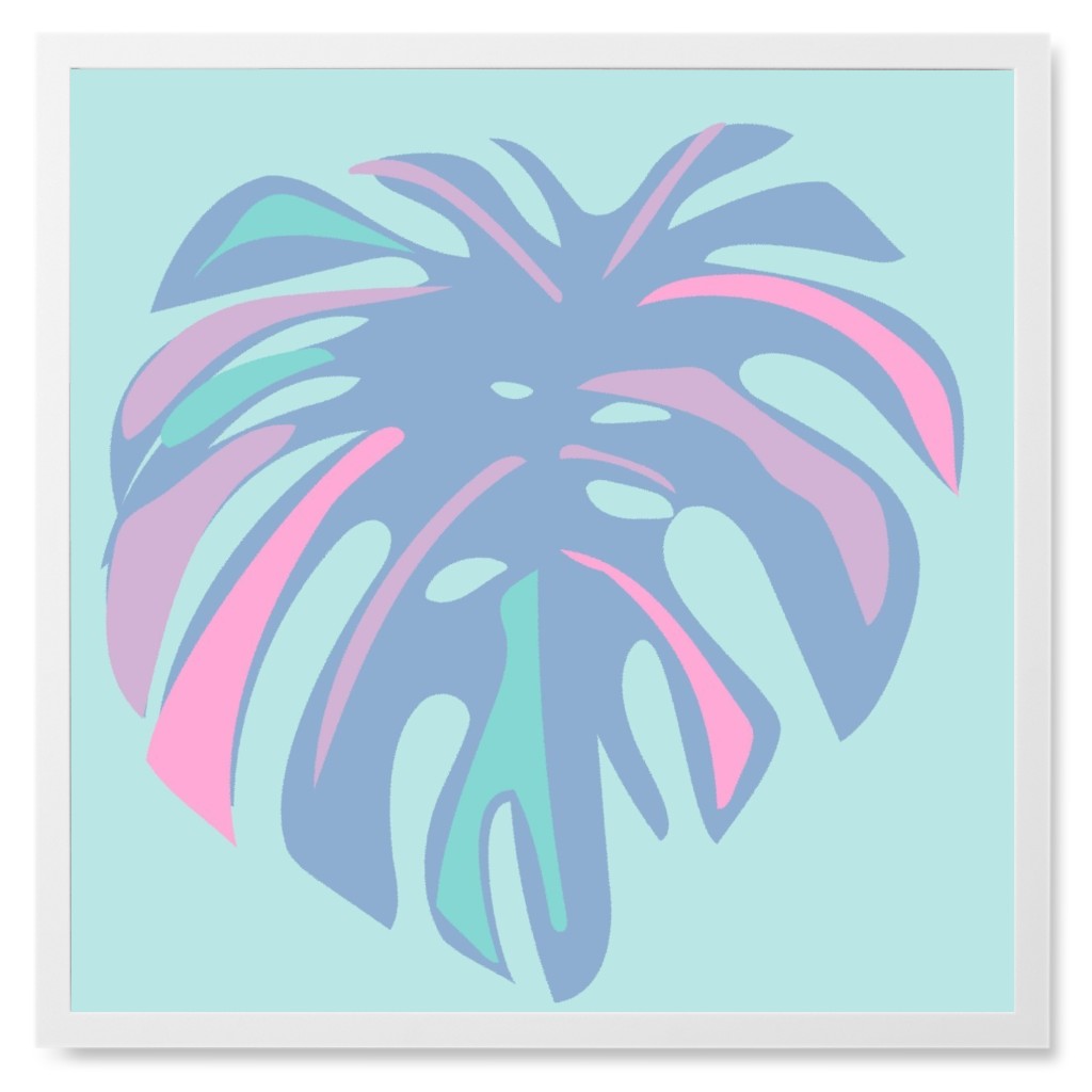 Bold Tropical Leaf - Blue and Purple Photo Tile, White, Framed, 8x8, Blue, True Blue