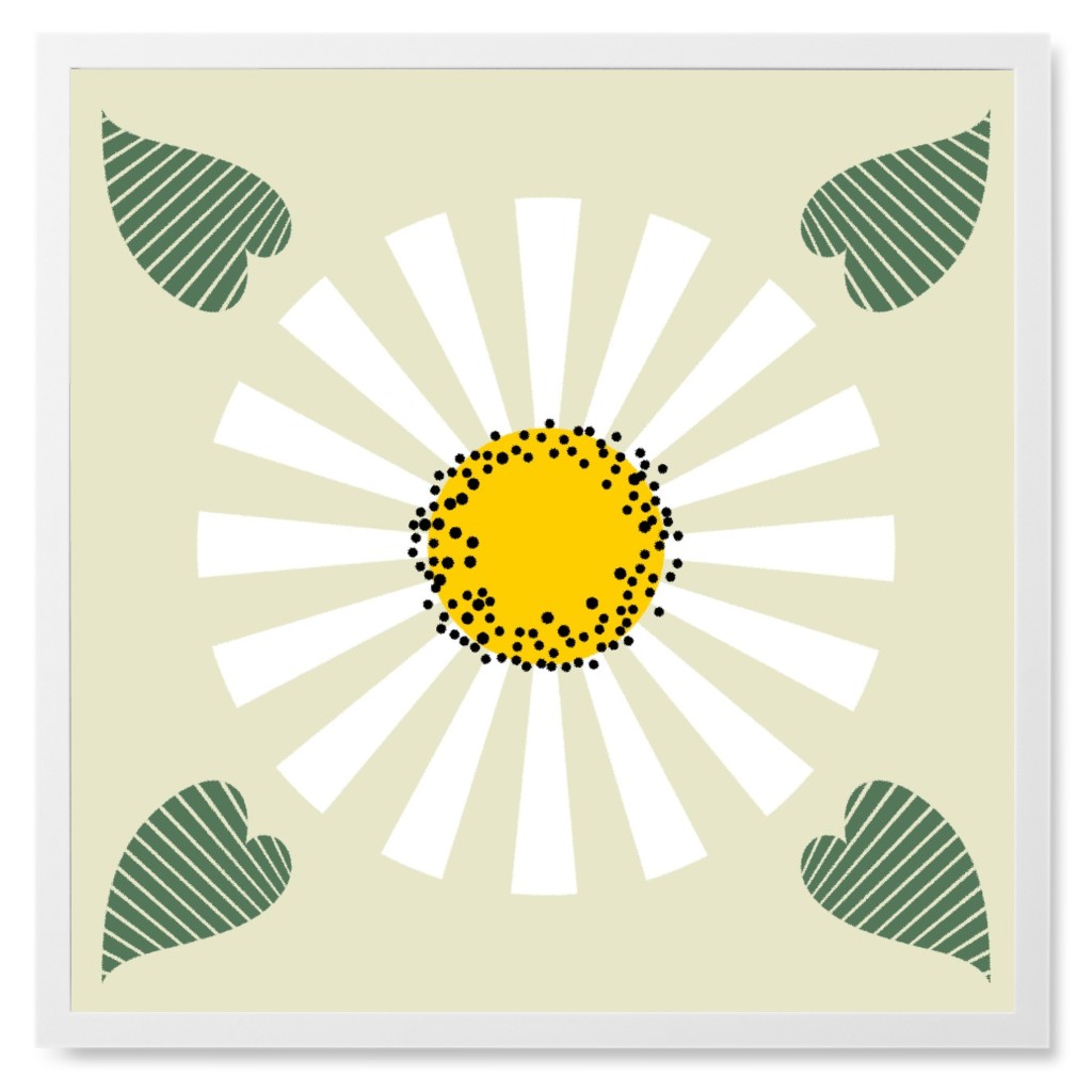 Abstract Daisy - White on Beige Photo Tile, White, Framed, 8x8, Green, Classic Green