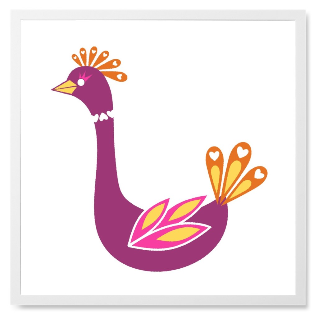 Scandi Flower Bird - Pink Photo Tile, White, Framed, 8x8, Purple