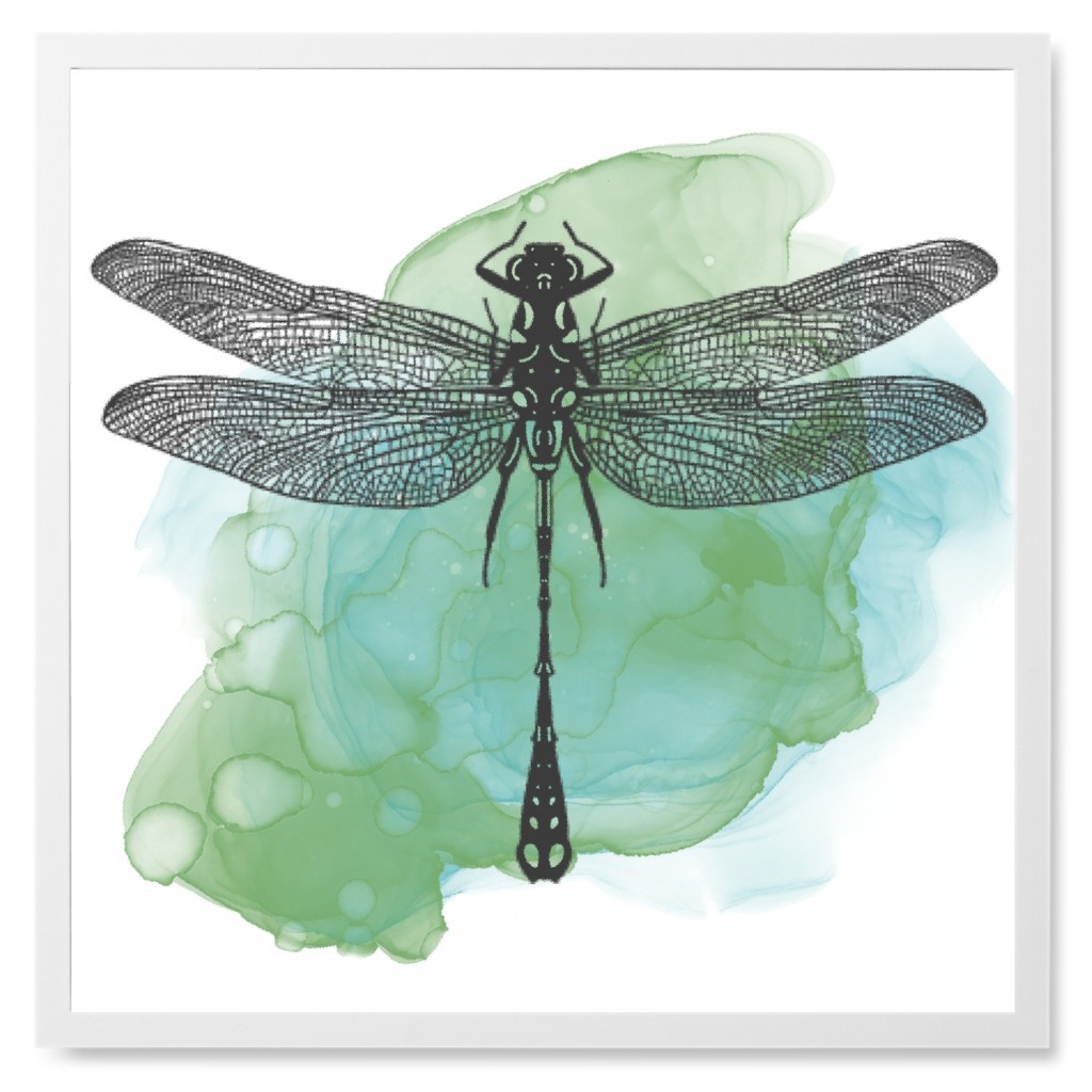 Abstract Watercolor Dragonfly Photo Tile, White, Framed, 8x8, Green, Mantis