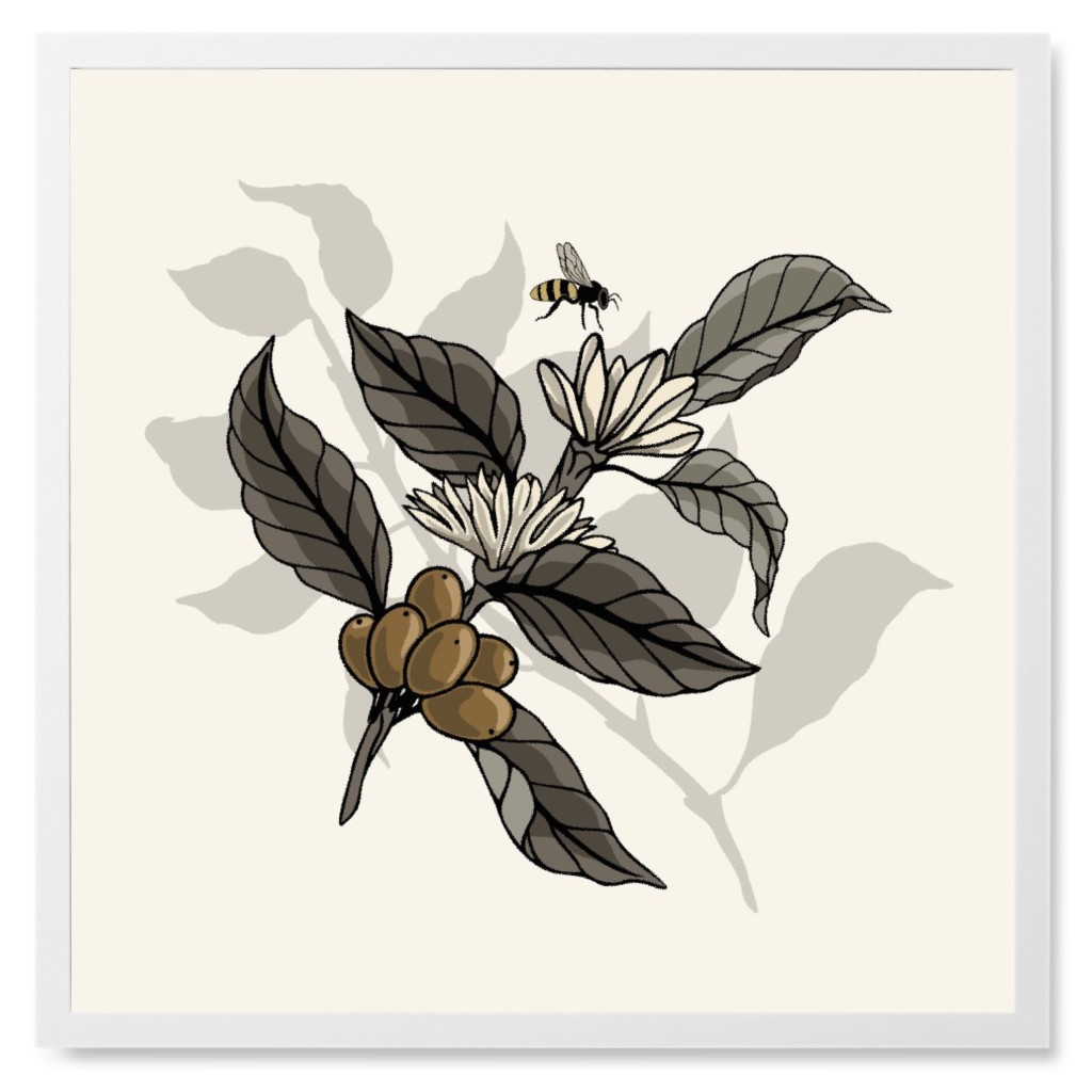 Coffee Plant With Bee - Neutral Photo Tile, White, Framed, 8x8, Beige, Pearl