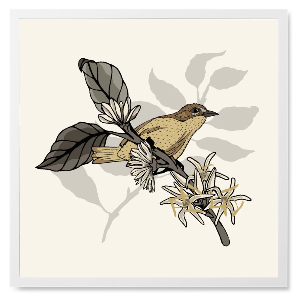 Coffee Plant With Bird - Neutral Photo Tile, White, Framed, 8x8, Beige, Pearl