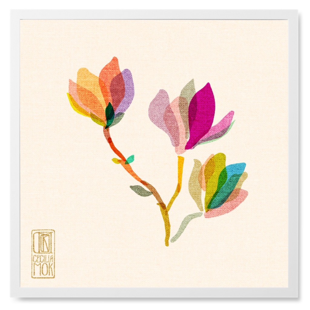 Magnolias - Multi Bright Photo Tile, White, Framed, 8x8, Multicolor