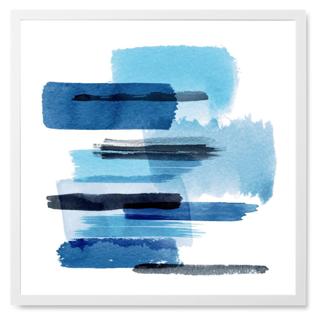 Minimal Brushstrokes - Blue Photo Tile, White, Framed, 8x8, Blue