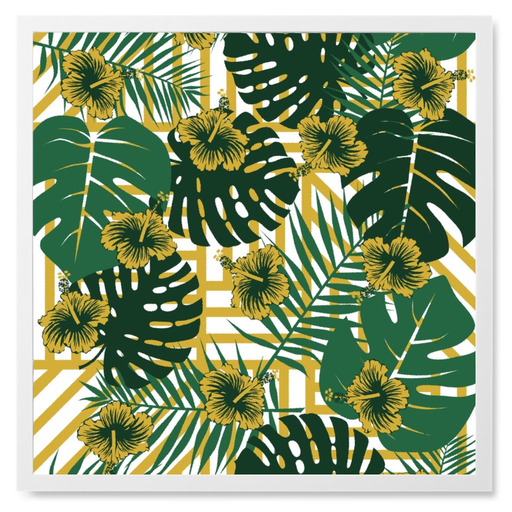 Golden Tropical Vibes - Green and Gold Photo Tile, White, Framed, 8x8, Green