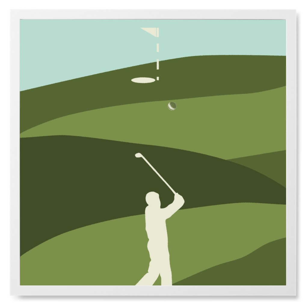 Golf Minimal Art - Green and Blue Photo Tile, White, Framed, 8x8, Green