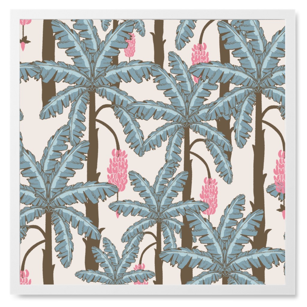 Vintage Tropical Banana Trees - Blue and Pink Photo Tile, White, Framed, 8x8, Blue, True Blue