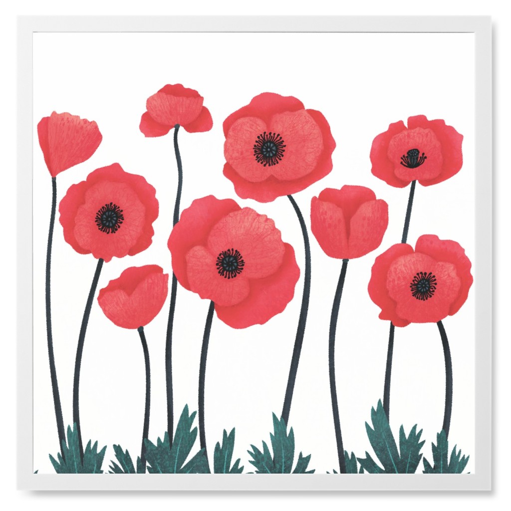 Poppy Field - Red Photo Tile, White, Framed, 8x8, Red