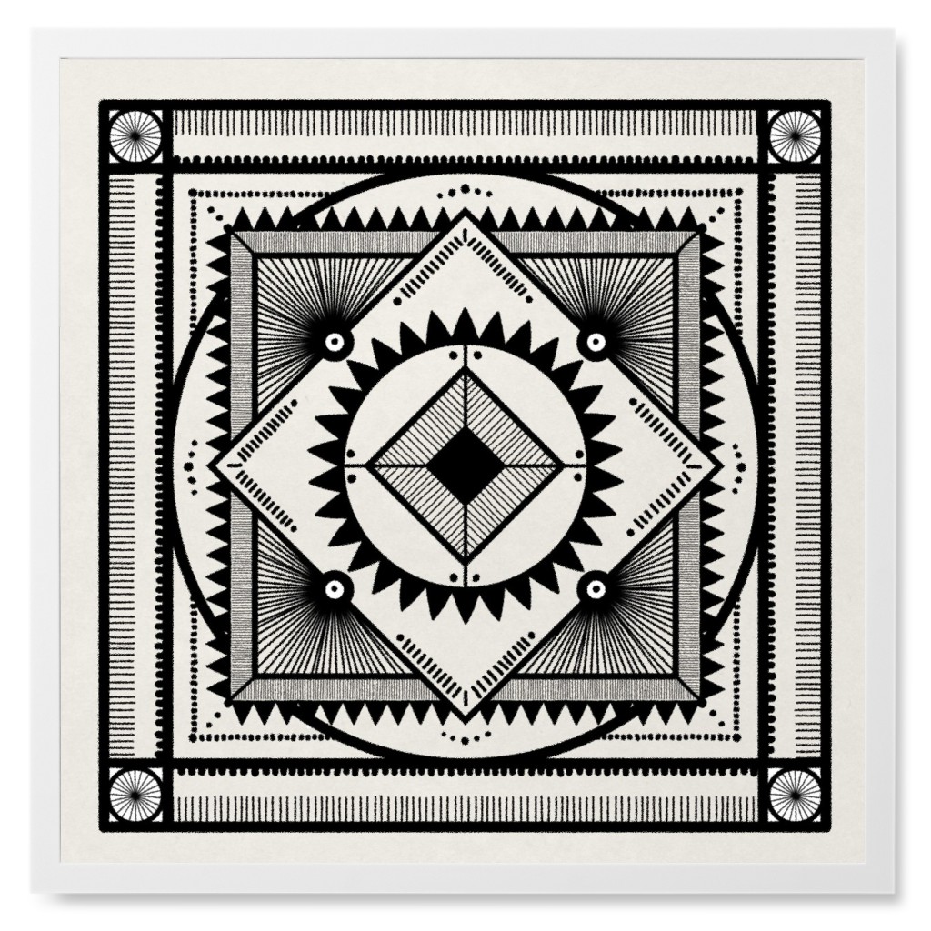 Tribal Geometric Tile Ii Photo Tile, White, Framed, 8x8, Beige