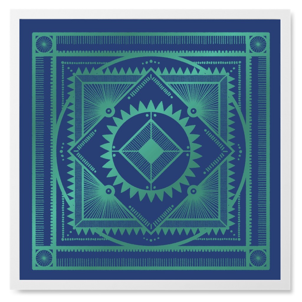 Tribal Geometric Tile Ii Photo Tile, White, Framed, 8x8, Blue