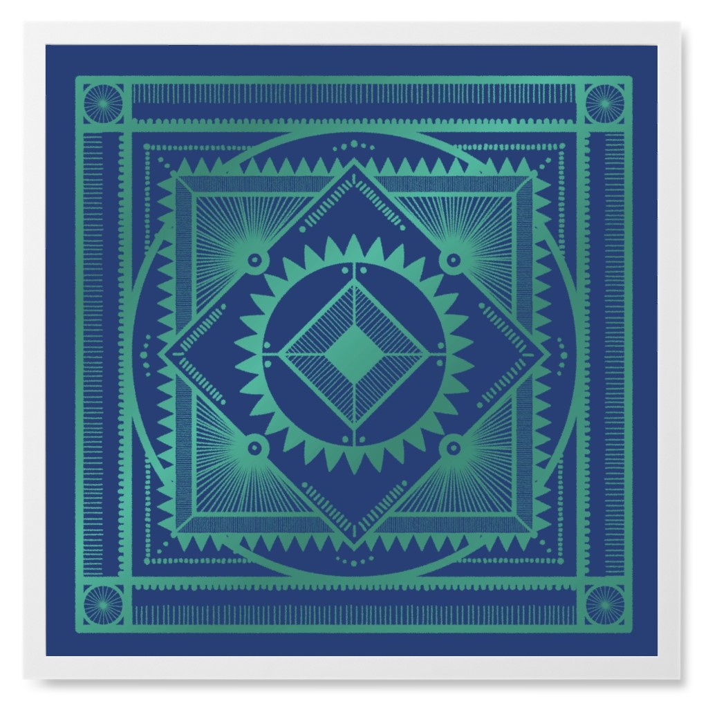 Tribal Geometric Tile Ii Photo Tile, White, Framed, 8x8, Blue, Blueberry