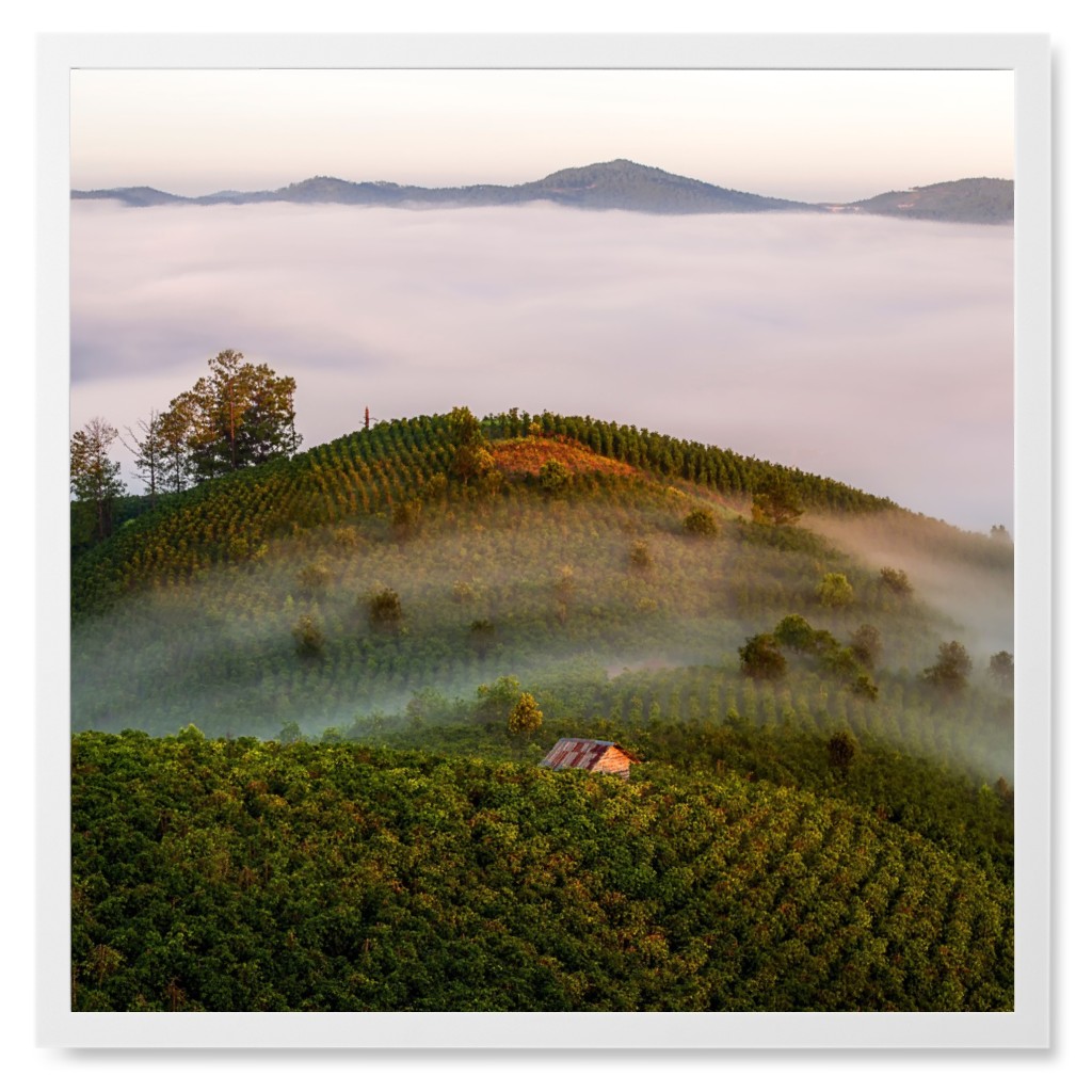 Foggy Countryside Photo Tile, White, Framed, 8x8, Green