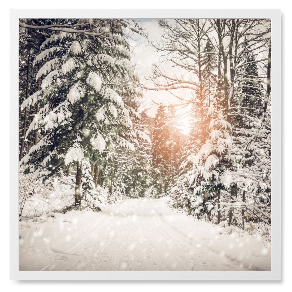 Snow Covered Road Photo Tile, White, Framed, 8x8, Gray