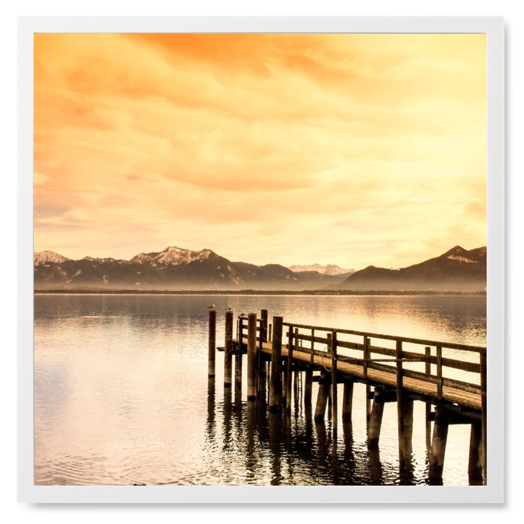 a Dock With a Sunset View Photo Tile, White, Framed, 8x8, Orange