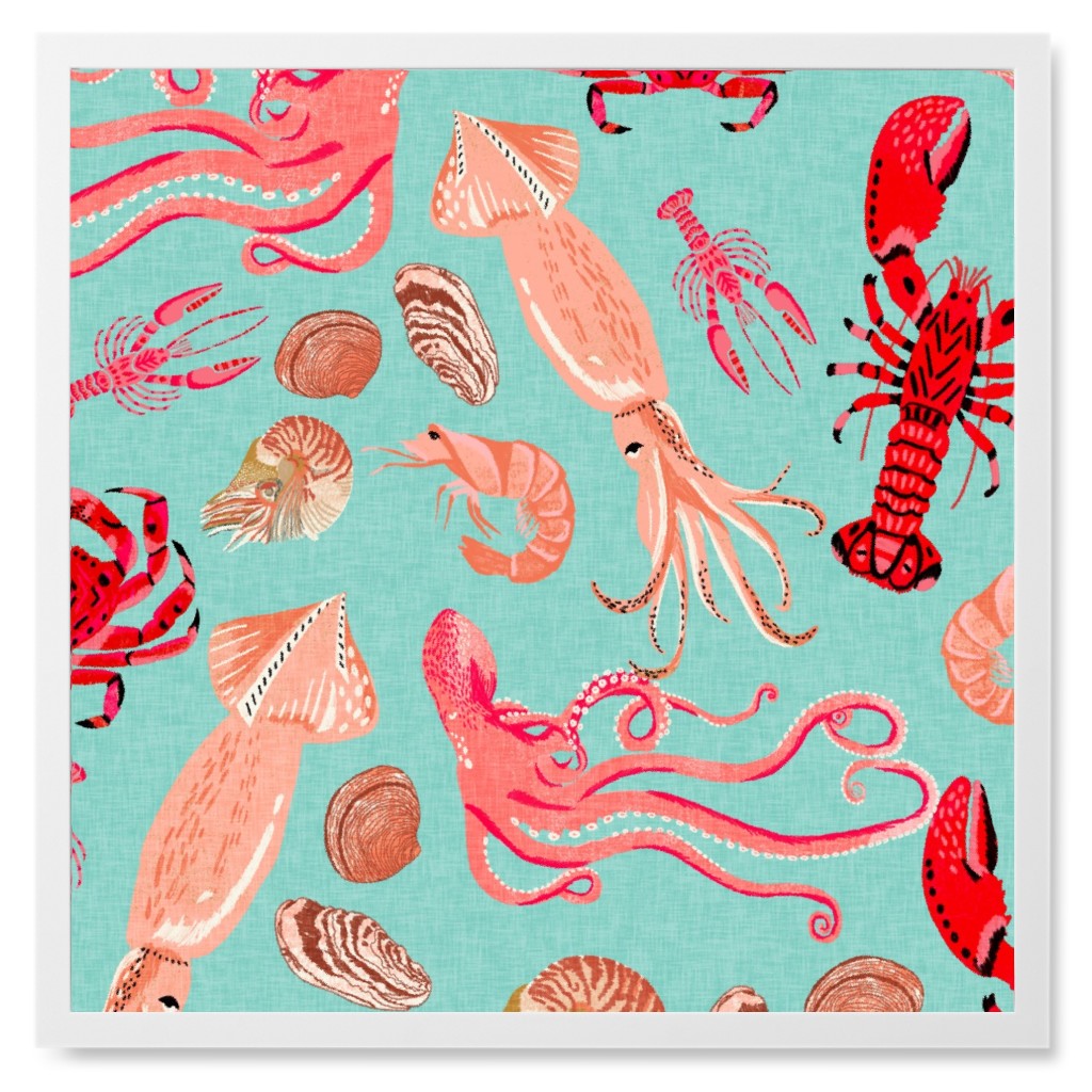 Ocean Creatures - Red on Green Photo Tile, White, Framed, 8x8, Red, Red