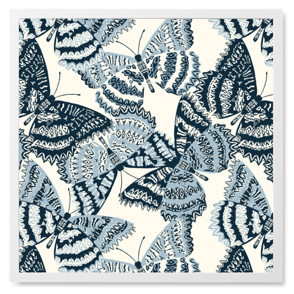 Butterfly - Hand Drawn - Blue Photo Tile, White, Framed, 8x8, Blue