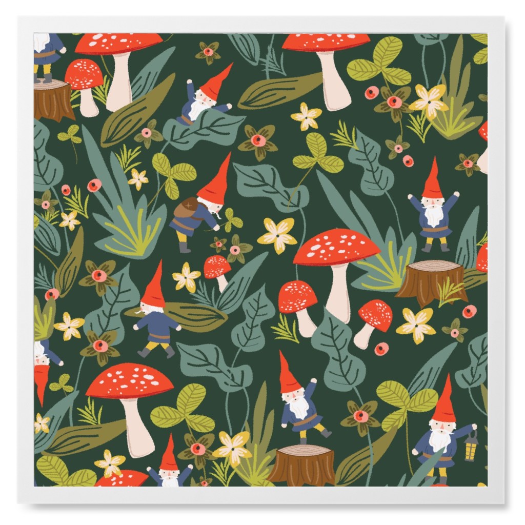 Woodland Gnomes - Green Photo Tile, White, Framed, 8x8, Green