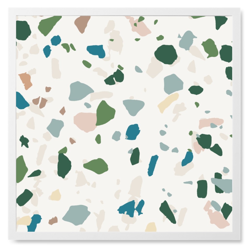 Terrazzo - Green on Cream Photo Tile, White, Framed, 8x8, Green
