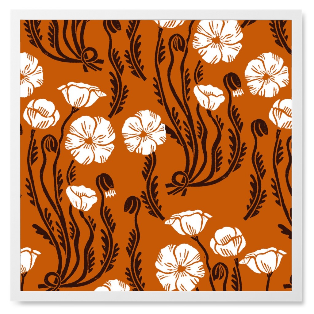 Poppy, Fall Harvest Block Printed Vintage Florals Photo Tile, White, Framed, 8x8, Orange, Orange