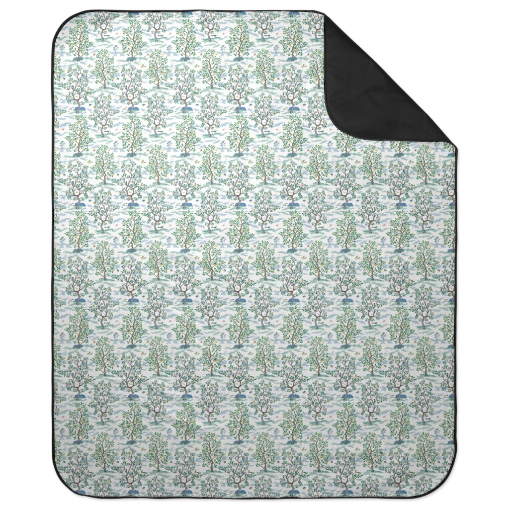 Citrus Trees - Blue and Green on White Picnic Blanket, Green