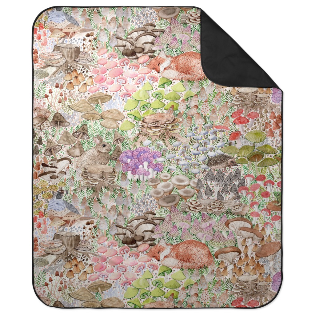 Mushroom Garden and Sleeping Animals - Multi Picnic Blanket, Multicolor