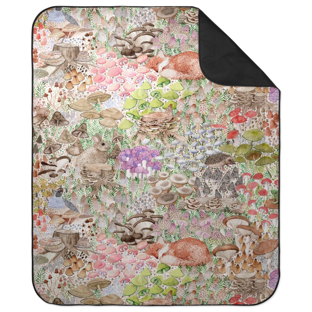 Mushroom Garden and Sleeping Animals - Multi Picnic Blanket, Multicolor