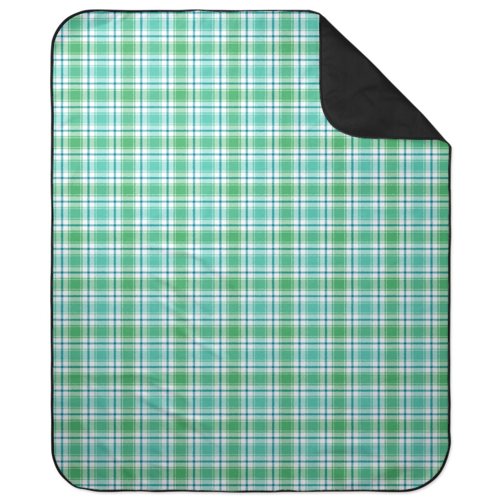 Blue, Green, Turquoise, and White Plaid Picnic Blanket, Green
