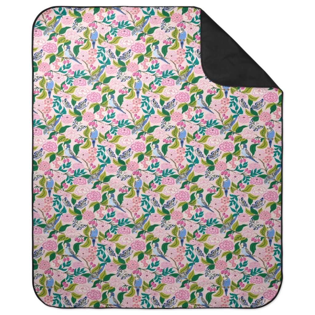 Budgies and Butterflies - Pink and Green Picnic Blanket, Pink