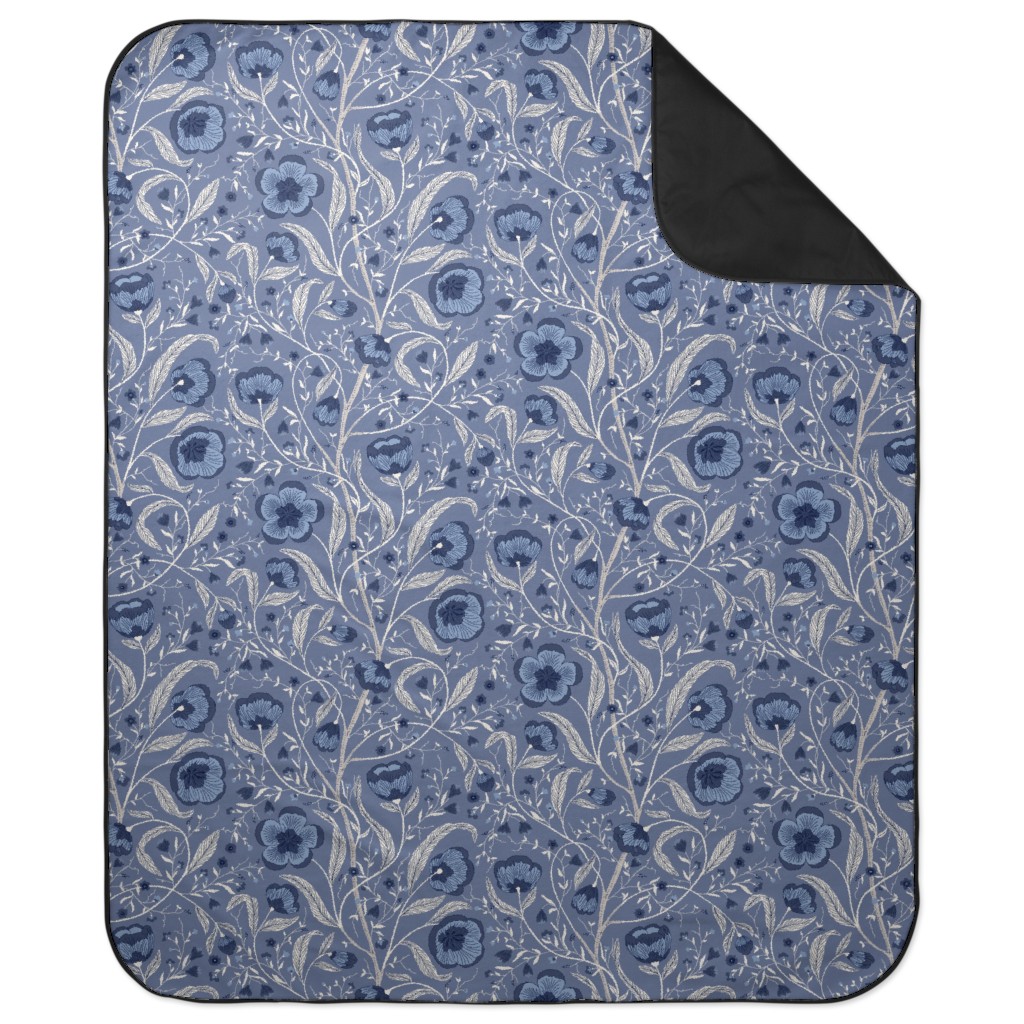 Climbing Flowers and Leafs - Blue Picnic Blanket, Blue, True Blue