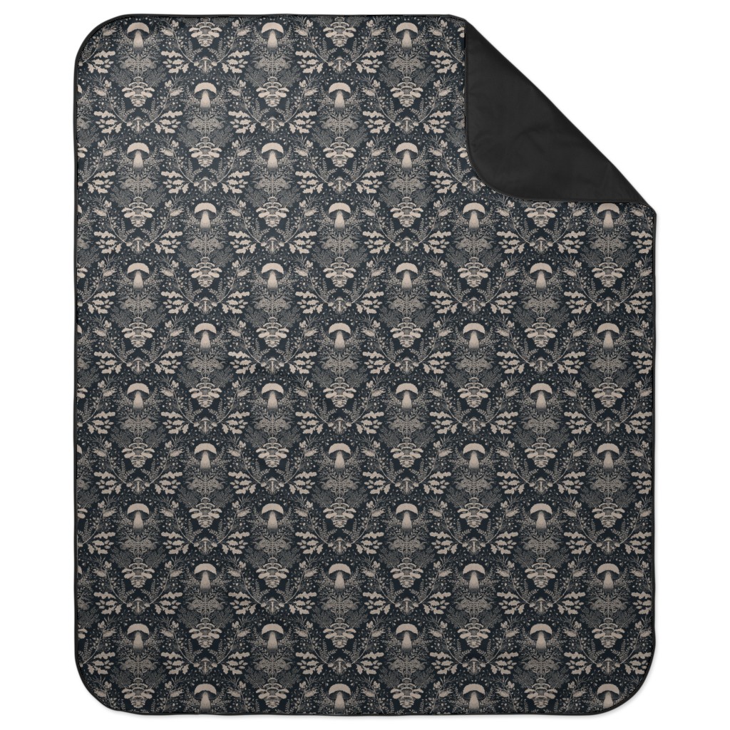 Mushroom Forest Damask - Dark Picnic Blanket, Black