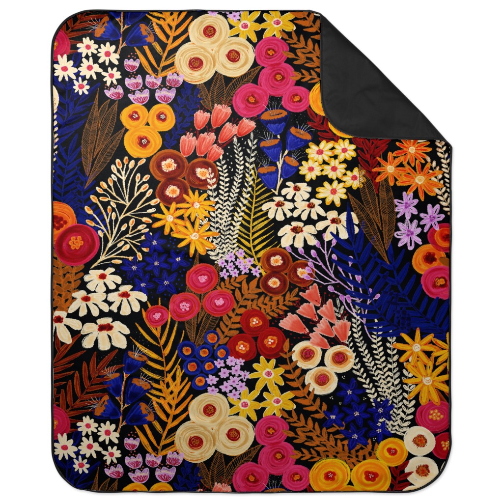 Wildflowers - Multi on Black Picnic Blanket, Multicolor