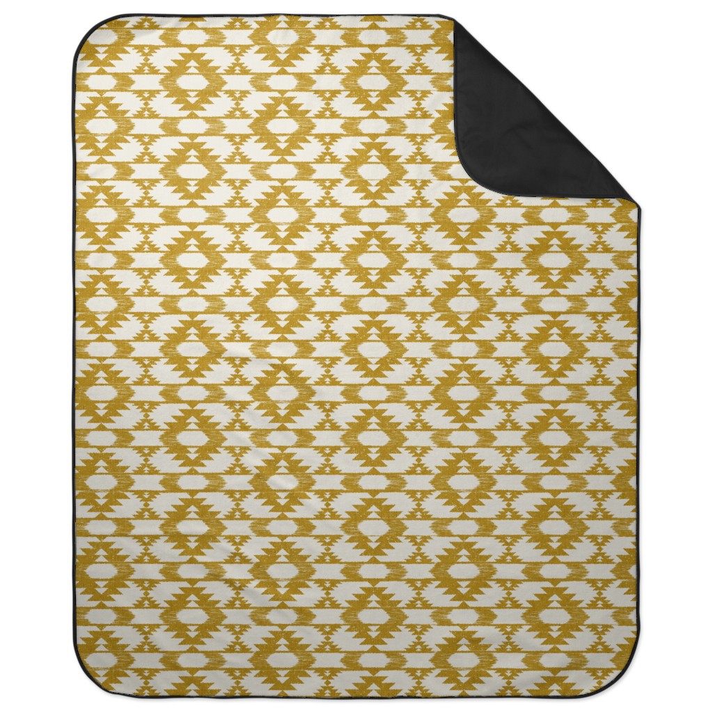 Modern Tribal Abstract Geometric - Yellow and White Picnic Blanket, Yellow