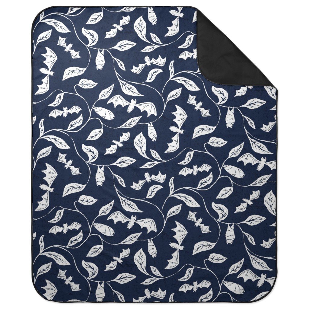 Bat Forest - Navy and White Picnic Blanket, Blue