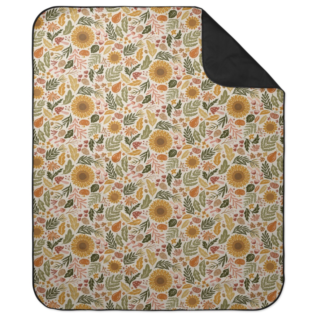 Autumn Botanicals - Leaves, Acorns, Sunflowers, Ferns, Mums, Pinecones, Mushrooms - Light Picnic Blanket, Multicolor