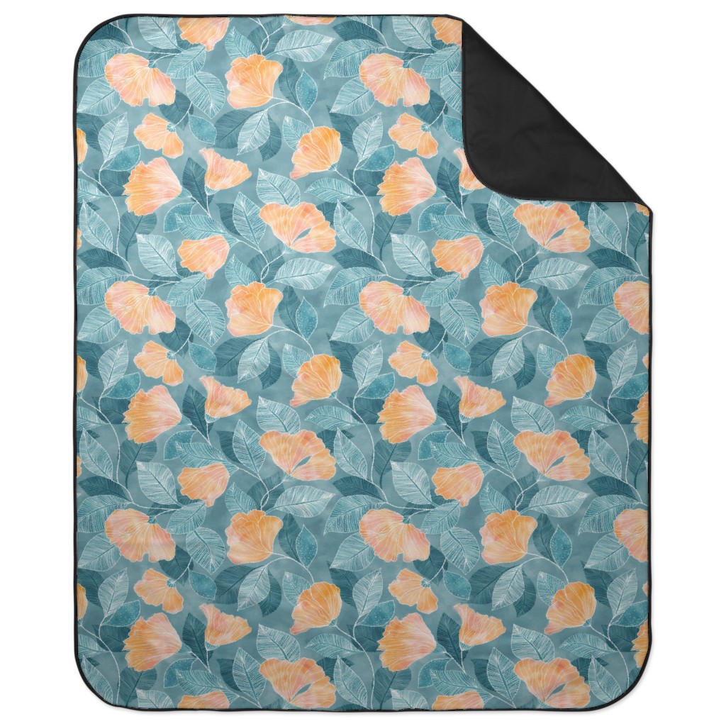 Rose of Sharon - Pink & Blue Picnic Blanket, Blue, True Blue