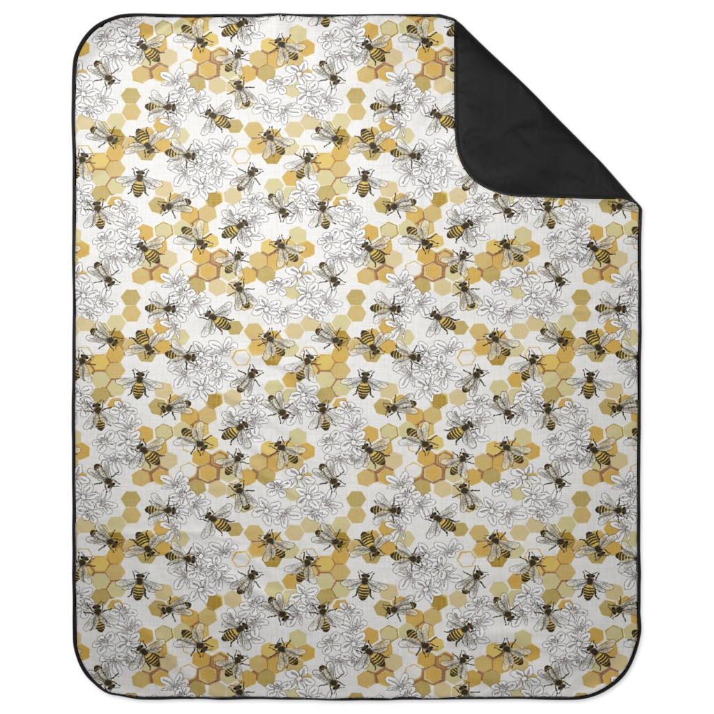 Save the Honey Bees - Yellow on White Picnic Blanket, Yellow