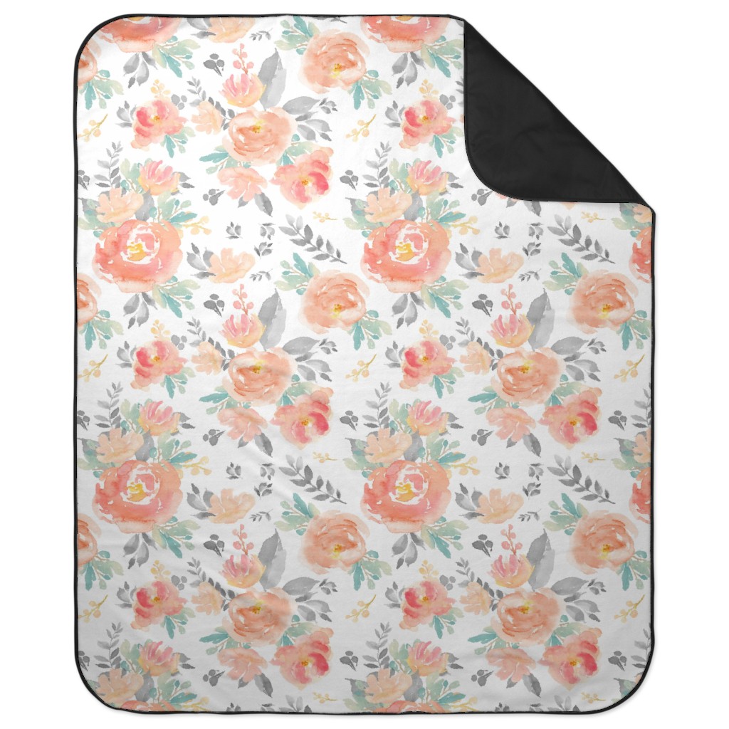 Watercolor Florals Picnic Blanket, Orange, White