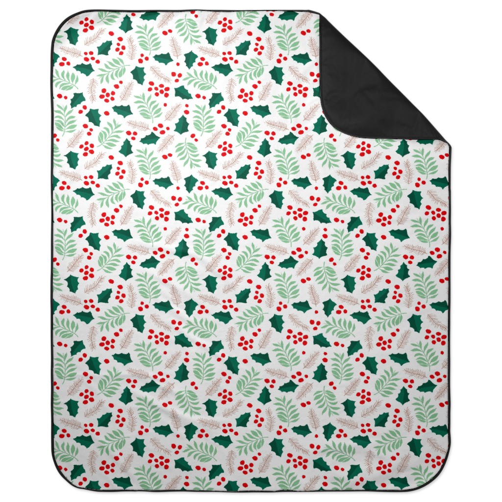 Botanical Christmas Garden Pine Leaves Holly Branch Berries - Green and Red Picnic Blanket, Green, Classic Green