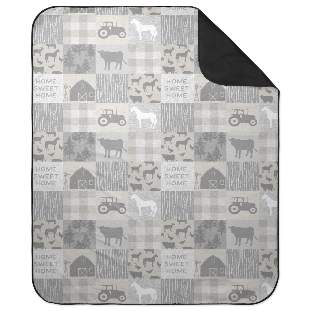 Home Sweet Home Farm - Grey and Cream Picnic Blanket, Gray