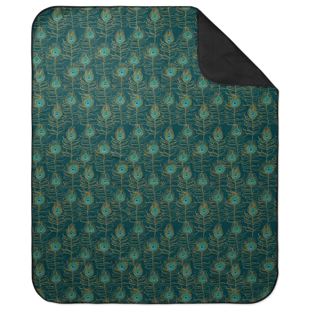 Peacock Feather Nouveau - Emerald Picnic Blanket, Green