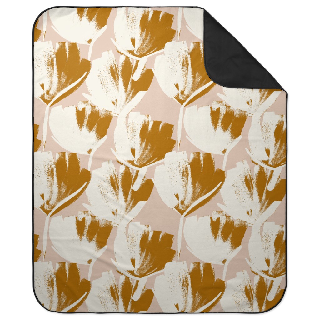 Flowers - Mustard Picnic Blanket, Pink, Bright Pink