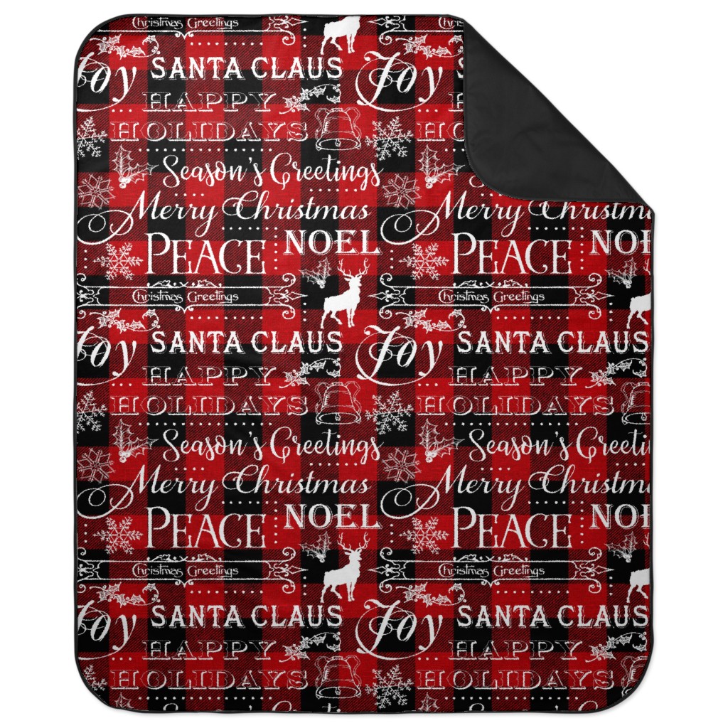 Buffalo Plaid Christmas Typography - Red and Black Picnic Blanket, Red
