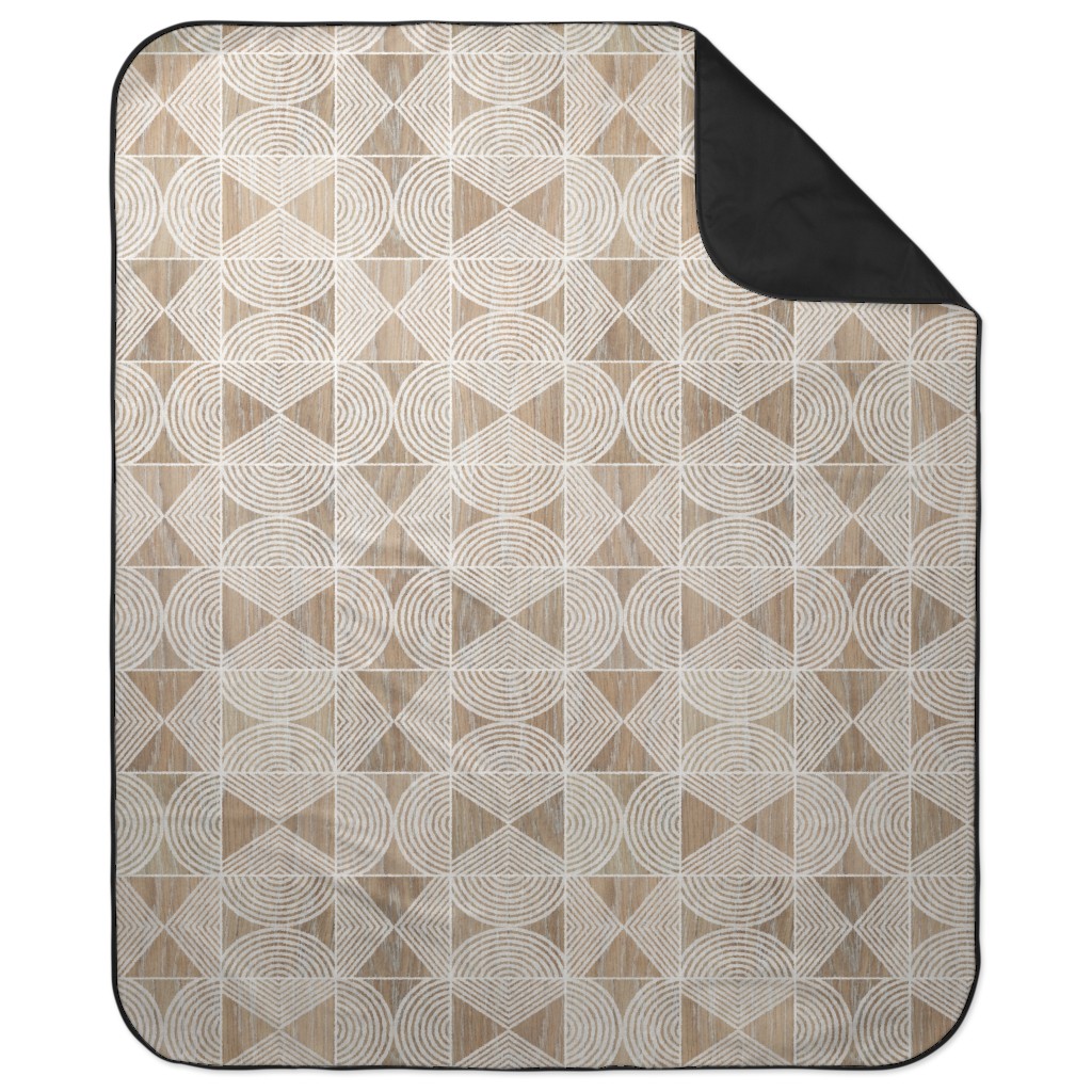 Boho Tribal Woodcut Geometric Shapes Picnic Blanket, Beige