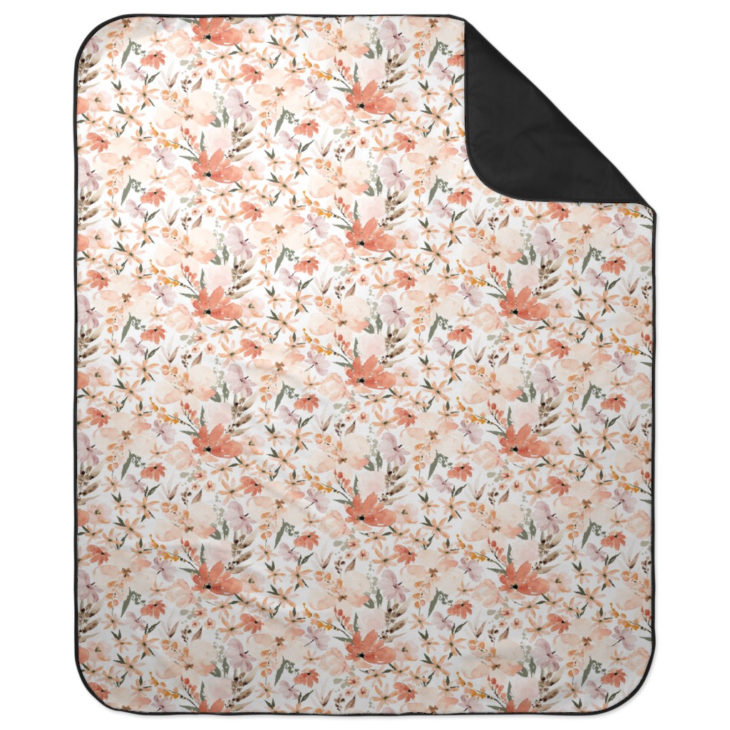 Earth Tone Floral Summer in Peach & Apricot Picnic Blanket, Pink, Bright Pink